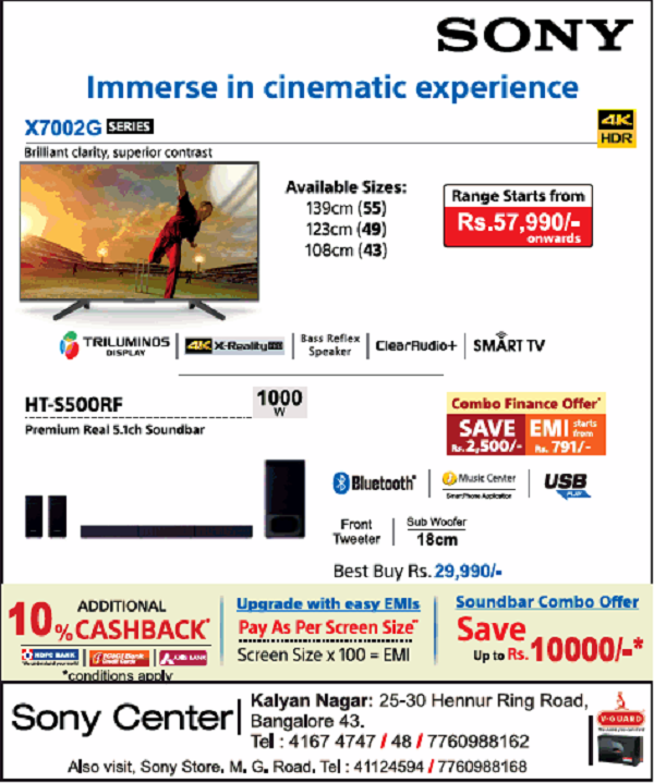 Sony Center Bangalore TVs Stores Sales Offers Discounts Numbers 2020